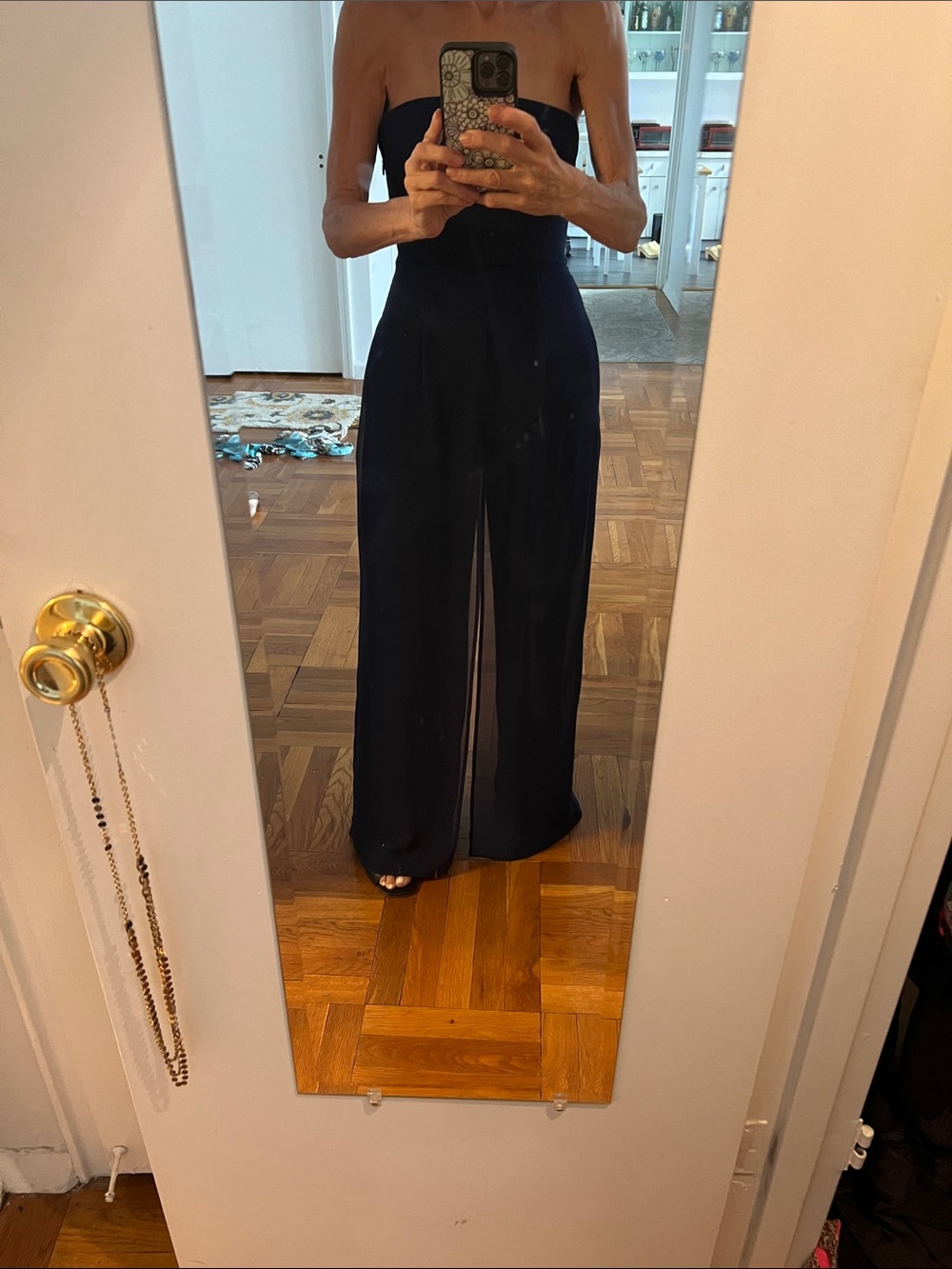 HALSTON Strapless Navy Jumpsuit with Sheer Front Slit